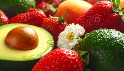 Close-up of various fresh fruits, including strawberries and avocado