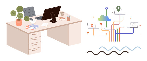 Office desk with computer, plant, notepads contrasted with a colorful cloud network diagram. Ideal for technology, remote work, digital connection, cloud storage, workplace productivity, networking