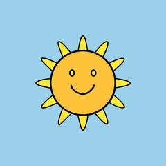 Cheerful smiling sun drawn by a child in the blue sky