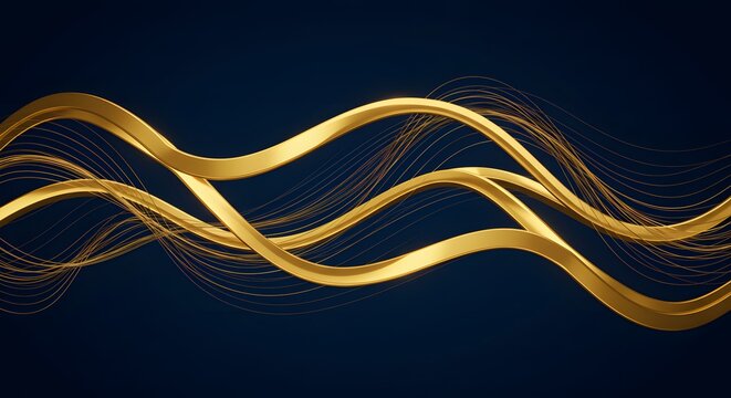 Abstract golden ribbons weave gracefully against a deep blue background, creating a flowing design - Powered by Adobe