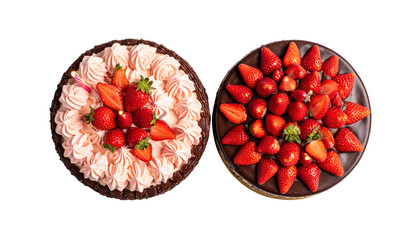 0 - Pair of elegant strawberry-topped birthday cakes, delicious dessert duo isolated on transparent background