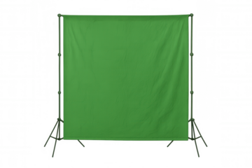 Green screen backdrop on stand, chroma key setup for video production and film editing, transparent background