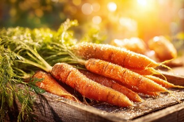 Fresh carrots on wooden surface bathed in bright sunlight