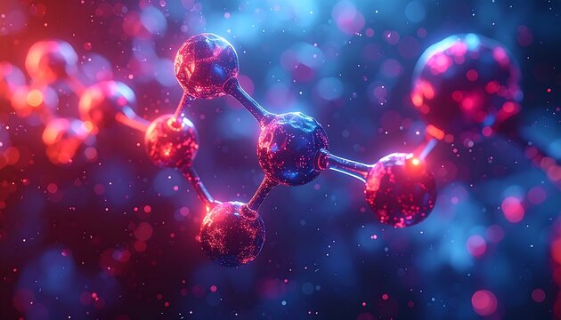 A glowing molecular structure with vibrant, luminous spheres - Powered by Adobe