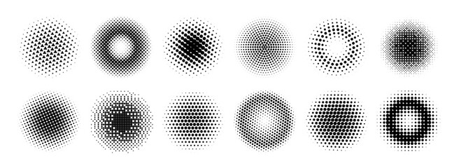Halftone radial gradient collection. Dotted textured round patterns. Cartoon faded circles background set. Pixelated bitmap element pack for frame, poster, collage, banner, flyer. Vector comic bundle