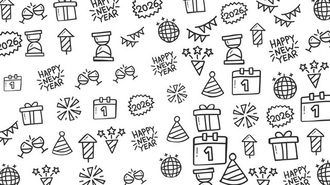 New year doodle pattern with 2026 disco balls celebrates a groovy new year. Perfect for festive designs and party invitations. New year seamless pattern background loop animation.