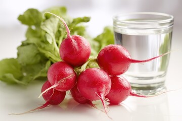 Fresh red radishes with green leaves and a glass of water