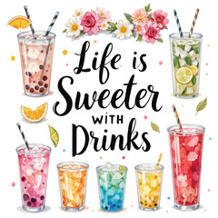 Vibrant, Refreshing Drinks Collection: Celebrate Life's Sweet Moments with Delightful Beverages and Floral Accents, Perfect for Summer Fun and Relaxation