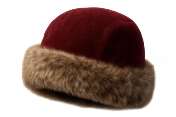 Red winter beanie hat showcasing a soft brown fur trim, providing warmth and style. Transparent background