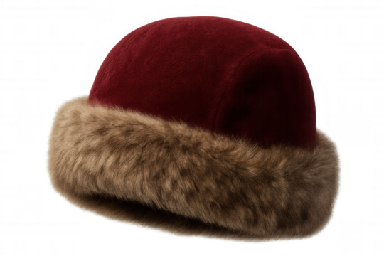 Red winter beanie hat showcasing a soft brown fur trim, providing warmth and style. Transparent background