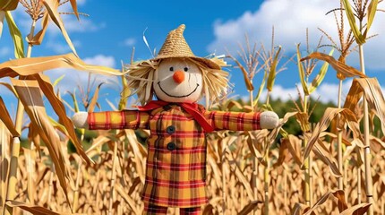 Whimsical Scarecrow in Golden Cornfield under Blue Sky, Autumn Harvest Scene - Powered by Adobe