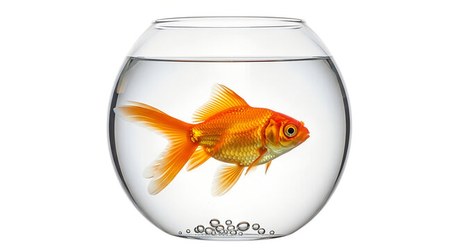 Single bright orange goldfish swimming in a clear oval fishbowl against a white background