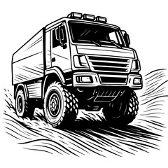 Monochrome drawing of a Dakar rally truck seen from low angle, emphasizing size and speed