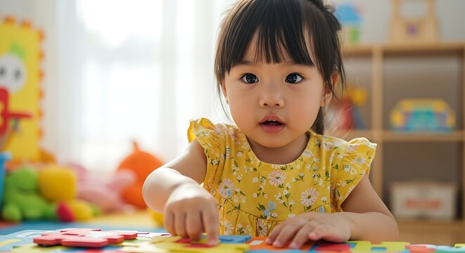 Adorable toddler in a yellow floral dress playing with colorful puzzles in a sunny room