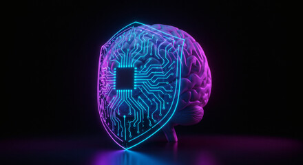 Cybersecurity Shield Protecting a Digital Brain, Representing Artificial Intelligence and Data Protection