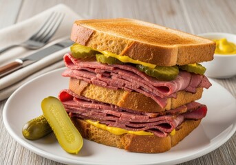Stacked Pastrami Deli Sandwich with Pickles & Mustard on Toasted Bread — Close-Up