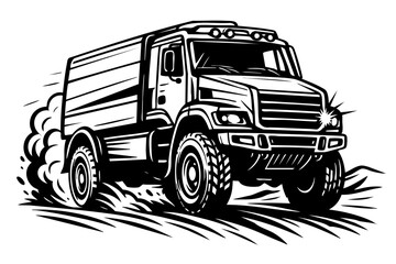 Detailed black and white front-angle view of a Dakar race truck