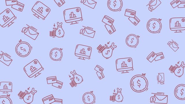 Seamless pattern of outline finance and business icons. Digital currency, market charts, and transaction symbols on a light background, ideal for economic and technology designs