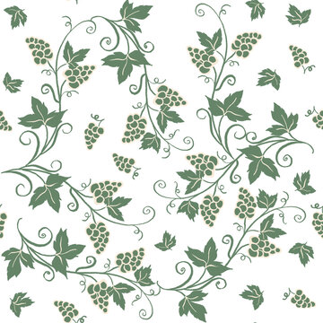Seamless vineyard pattern with ornate illustrations and green leaf silhouette design