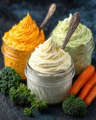 Realistic macro photo of probiotic rich foods like yogurt kefir and vegetables arranged neatly on a bright kitchen table in natural light.