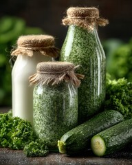 Realistic macro photo of probiotic rich foods like yogurt kefir and vegetables arranged neatly on a bright kitchen table in natural light.