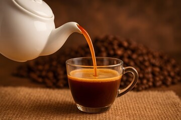 A white cup pours coffee into a glass against a blurred background of coffee beans.