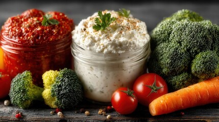 Realistic macro photo of probiotic rich foods like yogurt kefir and vegetables arranged neatly on a bright kitchen table in natural light.