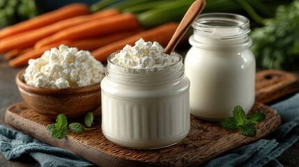 Realistic macro photo of probiotic rich foods like yogurt kefir and vegetables arranged neatly on a bright kitchen table in natural light.