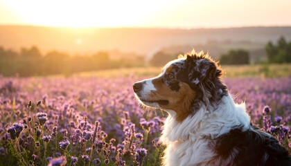 A tri-colored dog basks in the warm sunlight, surveying a vast field of lavender flowers