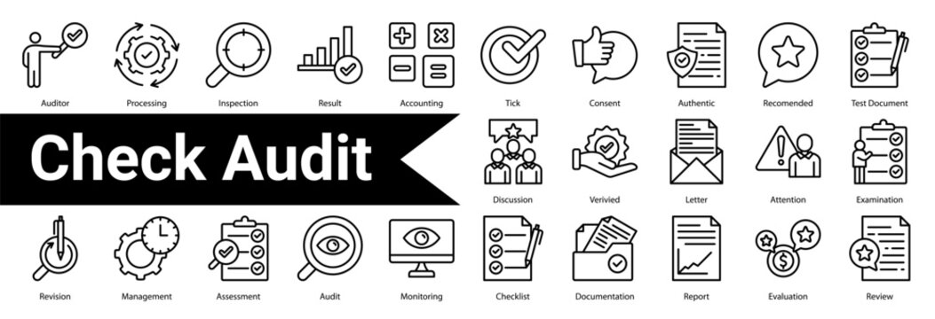 Minimalist Check Audit line icons set with editable stroke, featuring:  Auditor,Processing,Inspection,Result,Accounting,Tick,Consent,Authentic,Recomended,Test Document,Discussion,Verivied,Letter