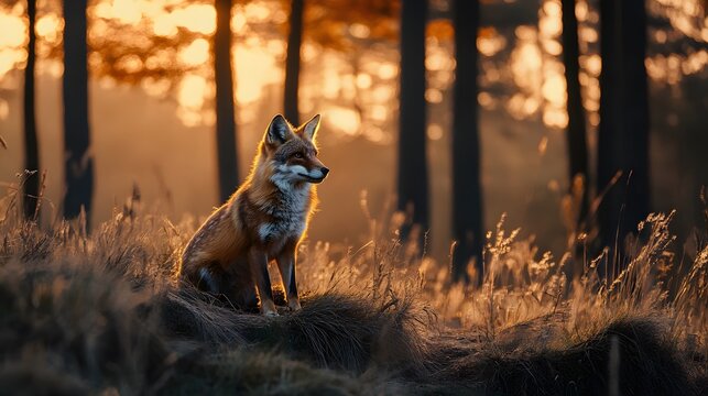 A red fox sits in a grassy clearing in a forest at sunset, bathed in golden light. - Powered by Adobe