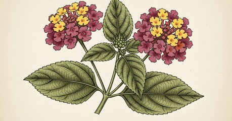 Vintage botanical illustration of colorful lantana flowers and leaves