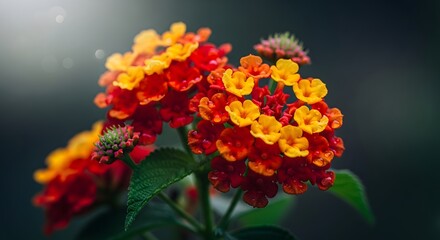 Vibrant cluster of red and yellow lantana flowers in soft light