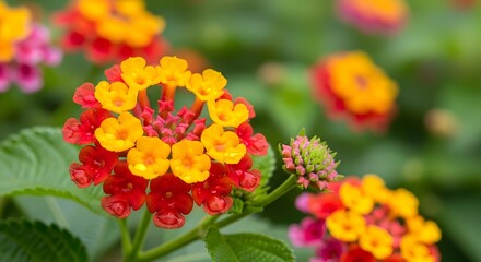 Vibrant lantana flowers in bloom with red and yellow petals