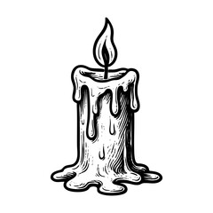 Vintage black and white vector illustration of a candle with dripping wax, engraved style drawing for Halloween, mystic, or gothic design projects