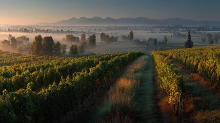 Serene vineyard landscape at sunrise with misty fields and distant mountains. early light casts warm glow over lush grapevines