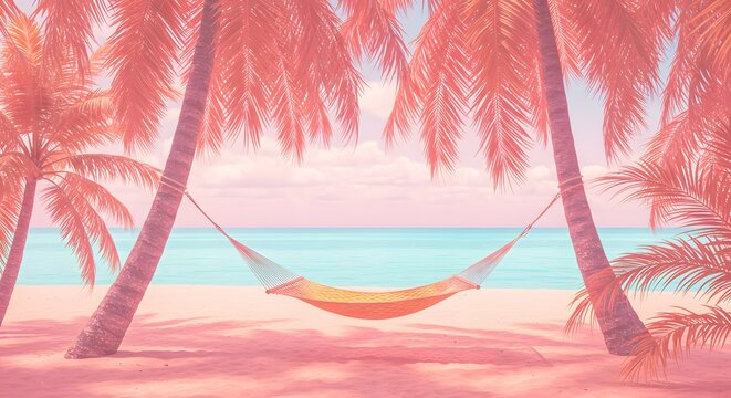 A tropical beach scene with a hammock strung between palm trees, in a warm, pastel hue - Powered by Adobe