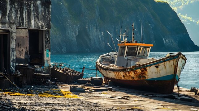 A rusty fishing boat sits beached next to a dilapidated building on a rocky shore.