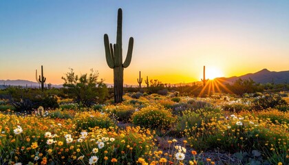 Desert superbloom carpeting ground around solitary saguaro silhouettes at pastel dawn pristine sky minimal footprints and refined color separation for nature travel visuals