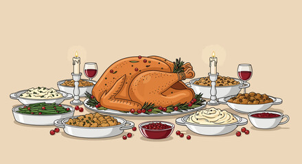 Thanksgiving Feast with Roasted Turkey and Side Dishes.