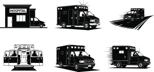 Ambulance silhouette set, emergency medical vehicle icons, hospital transport vector, black-and- © Masum's World