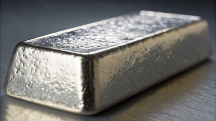 A shiny silver bullion bar rests on a reflective surface, showcasing its smooth, textured finish.