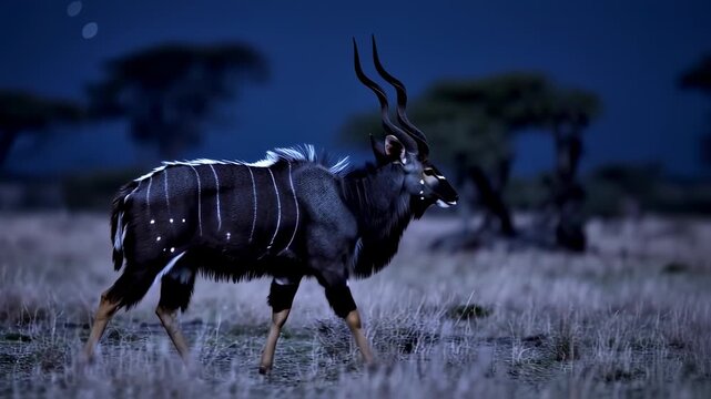 A dark-colored antelope with striking markings walks across a field at twilight
