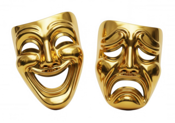 Golden comedy tragedy masks isolated on a transparent background