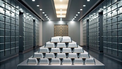 A modern vault room filled with stacked gold bars and safety deposit boxes, showcasing wealth and security in a sleek environment.