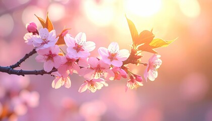 Obraz premium Soft Pink Cherry Blossoms Illuminated by Golden Sunlight in Spring