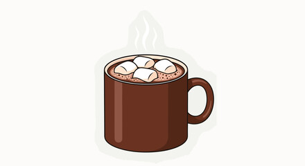 温かいココアが入ったマグカップのイラスト。マシュマロが浮かび、湯気が立ち上る様子が描かれています。.