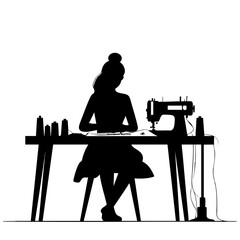 Silhouette of person sewing at table with machine and threads. Ideal for themes of tailoring, craftsmanship, fashion design, textile work, and creative industry.