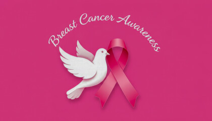 Breast cancer awareness concept with dove and pink ribbon on pink background