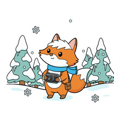 Cute fox holding a camera while standing in snowy forest  